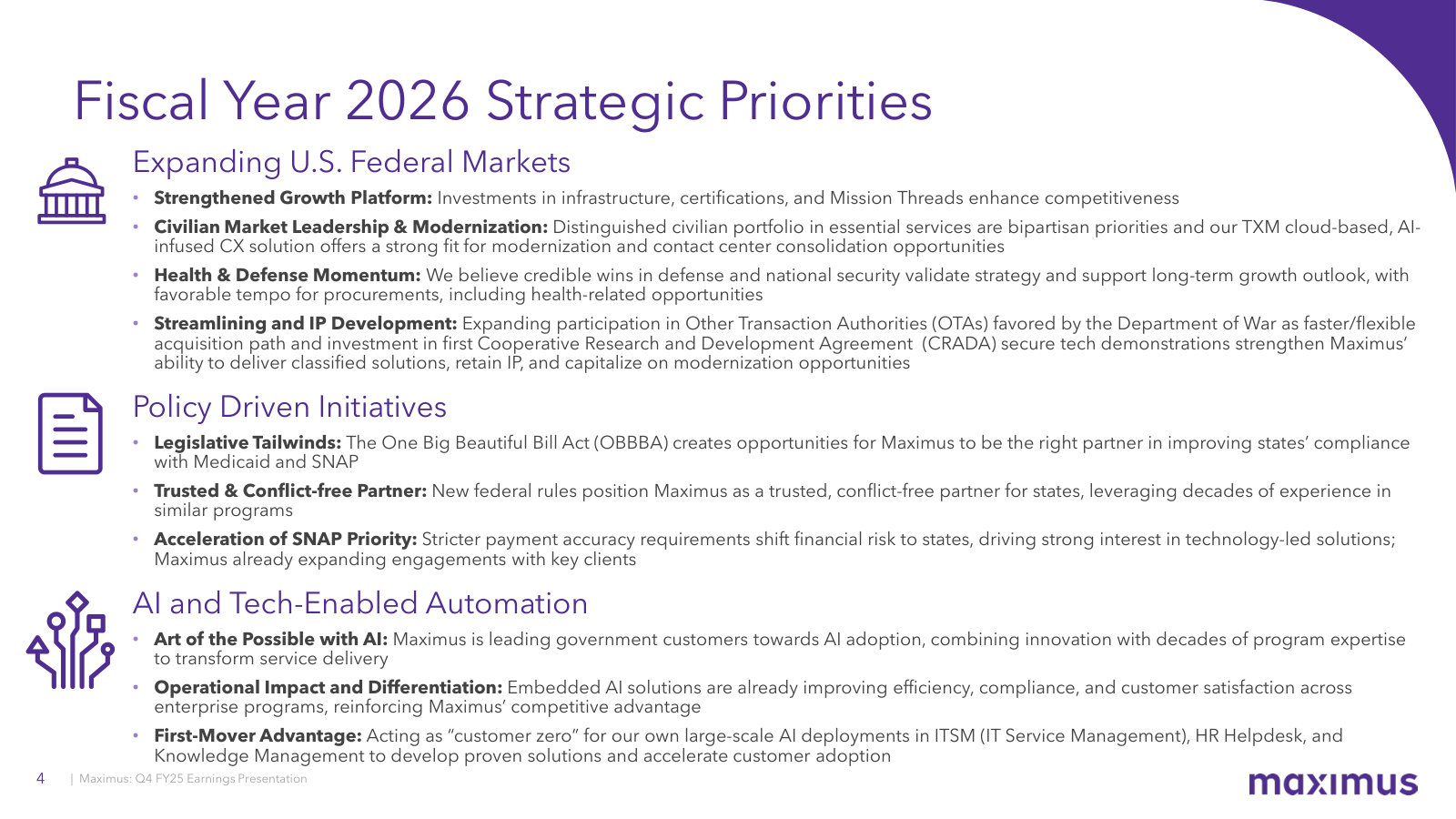 The FY26 priority list — federal market expansion, OBBBA-driven state work, and AI automation — laid out with the reasoning behind each.