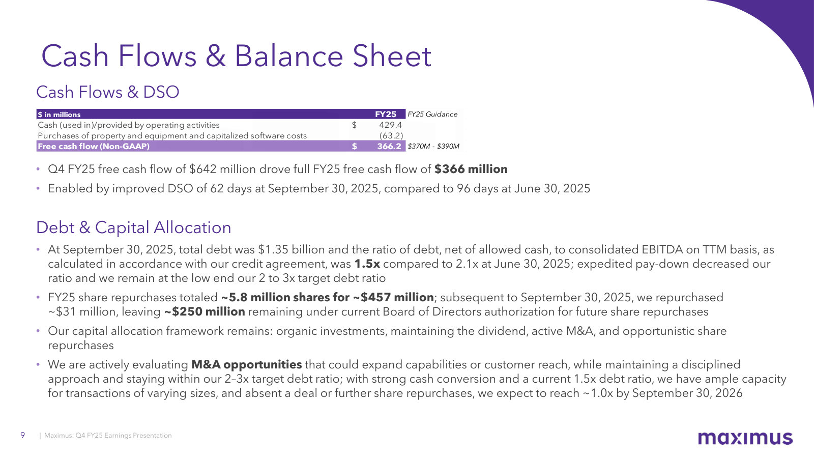 FY25 cash flow and the balance sheet: $366M free cash flow, DSO down to 62 days, $457M of buybacks, leverage at 1.5x.
