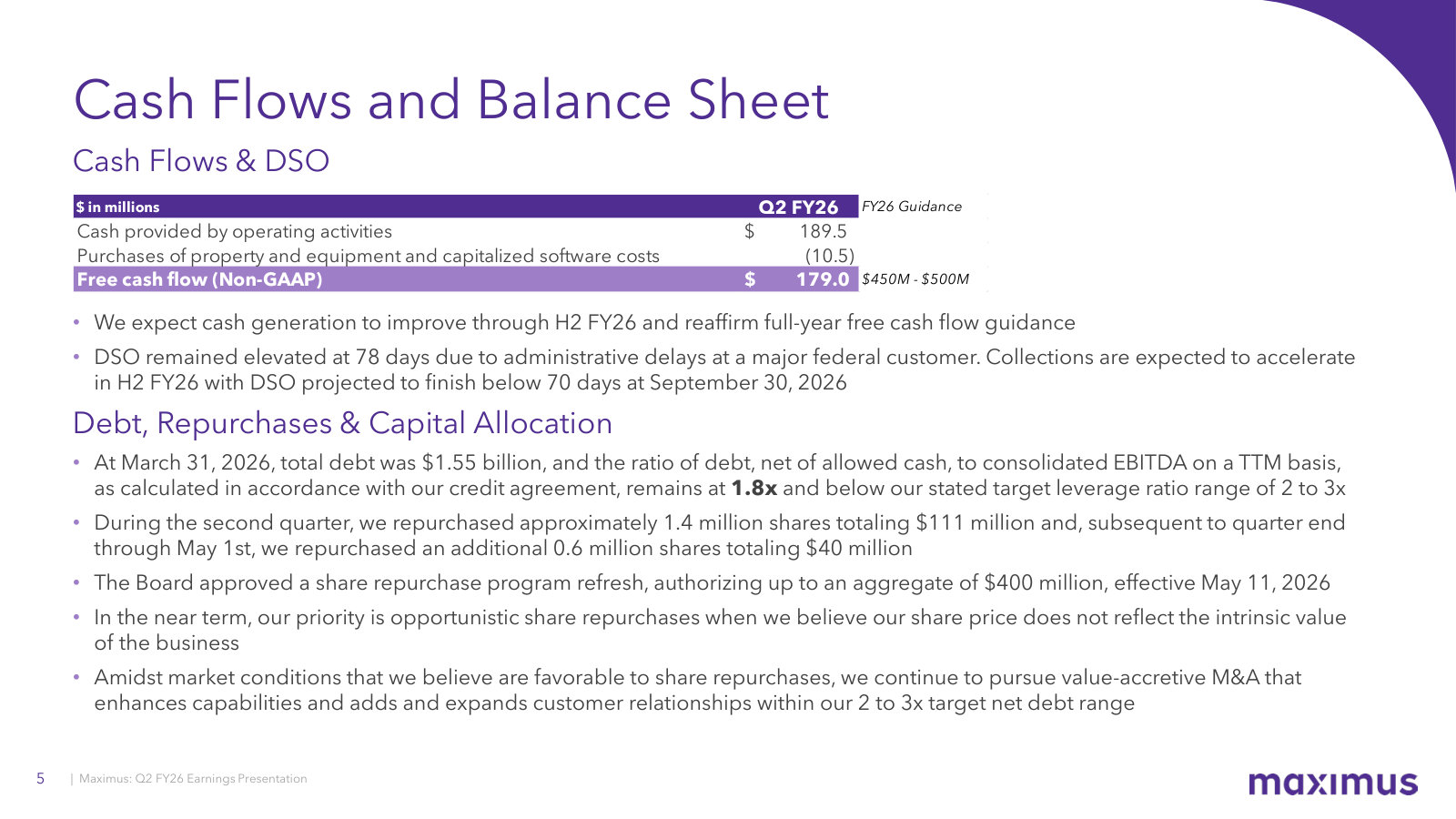 Cash flow, the elevated 78-day DSO at a major federal customer, and the refreshed $400M buyback authorization.